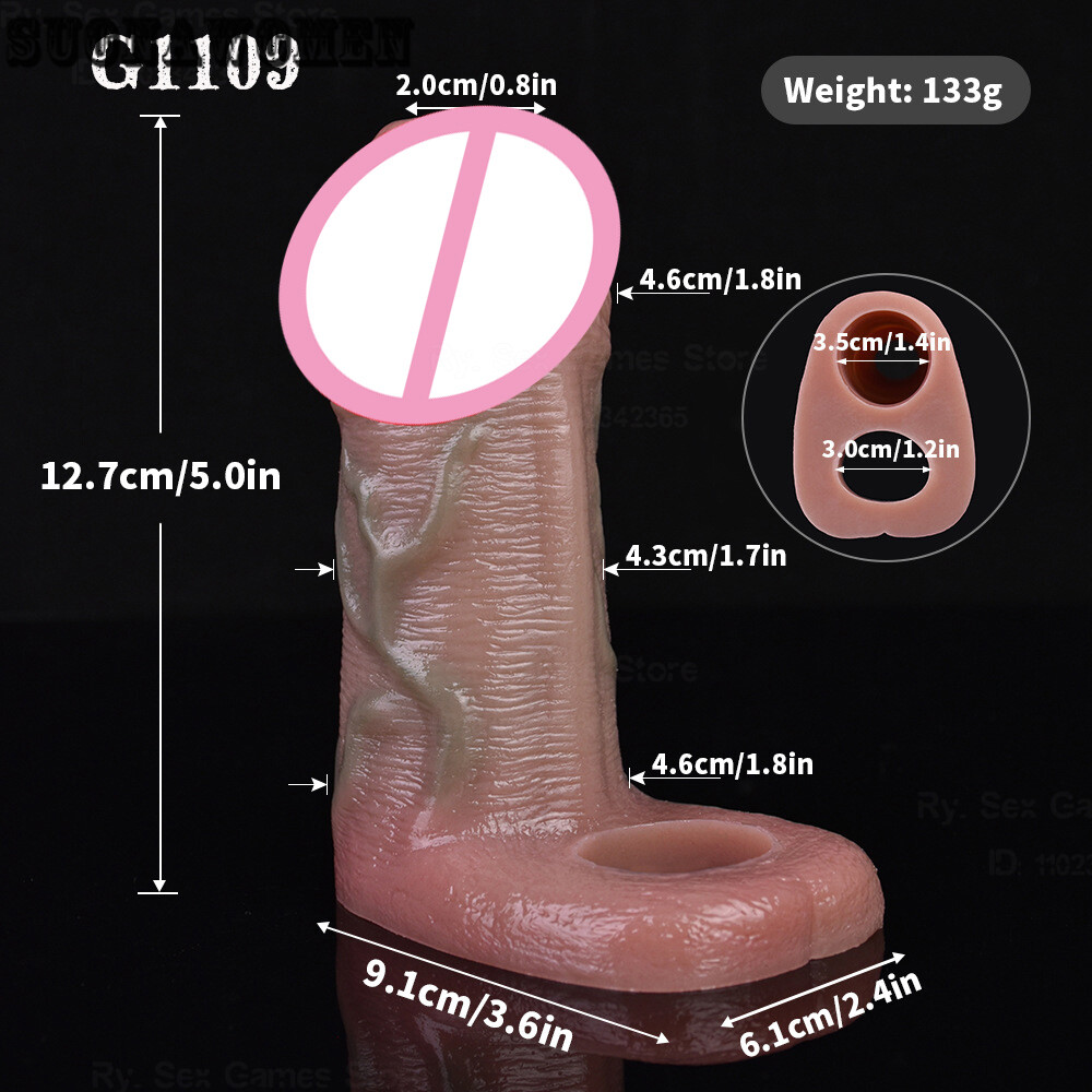 Realistic Penis Enlargement Simulation Reusable Condom Peni Sleeves Hollow Dildo