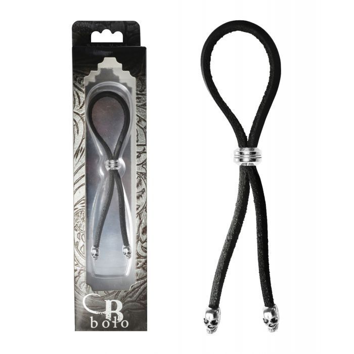 Bolo penis-ring Adjustable Leather Lasso Bead Slider w/Skull Tips – Black/Silver