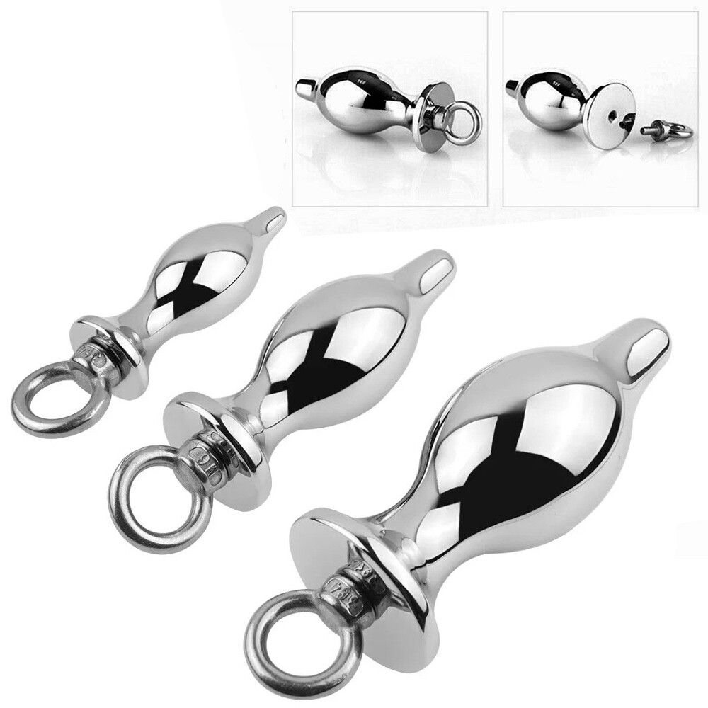 3 Piece Metal Weighted Butt Plug Screw in Ring for Leash, Rope Anal Training Kit