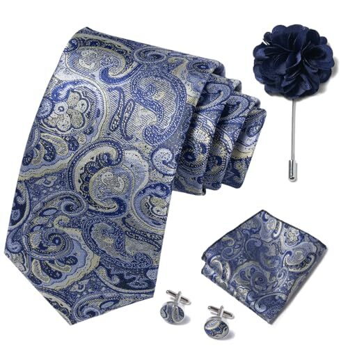 Ties Set Men Mixed Color Necktie Handkerchief Cufflinks Sliver Blue Paisley