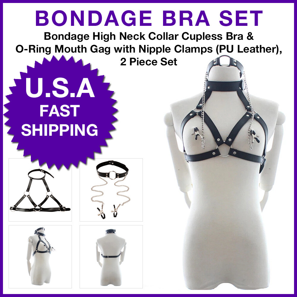 High Neck Cupless Bra & Mouth Gag Nipple Clamps Restraint Leather BDSM Lingerie