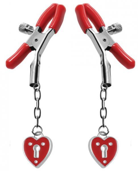 Master Series Crimson Tied Charmed Heart Padlock Nipple Clamps