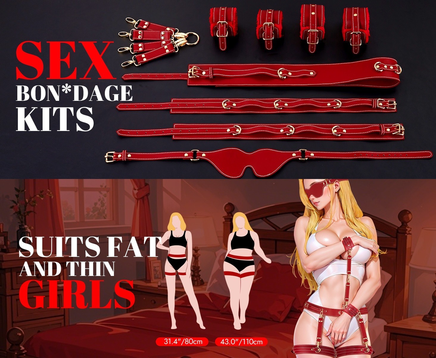 BDSM Bondage Sex Toy Thigh Cuffs Blindfold Strap Restraints Adjustable Handcuffs
