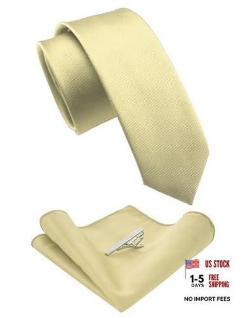 2.4″ Solid Color Skinny Tie and Pocket Square with Tie Clip Sets Light Yellow