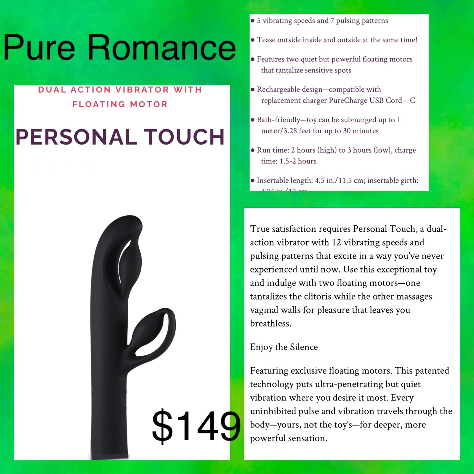 Pure Romance PERSONAL TOUCH Dual Vibrator $149 New Clitoral Stimulator G Spot