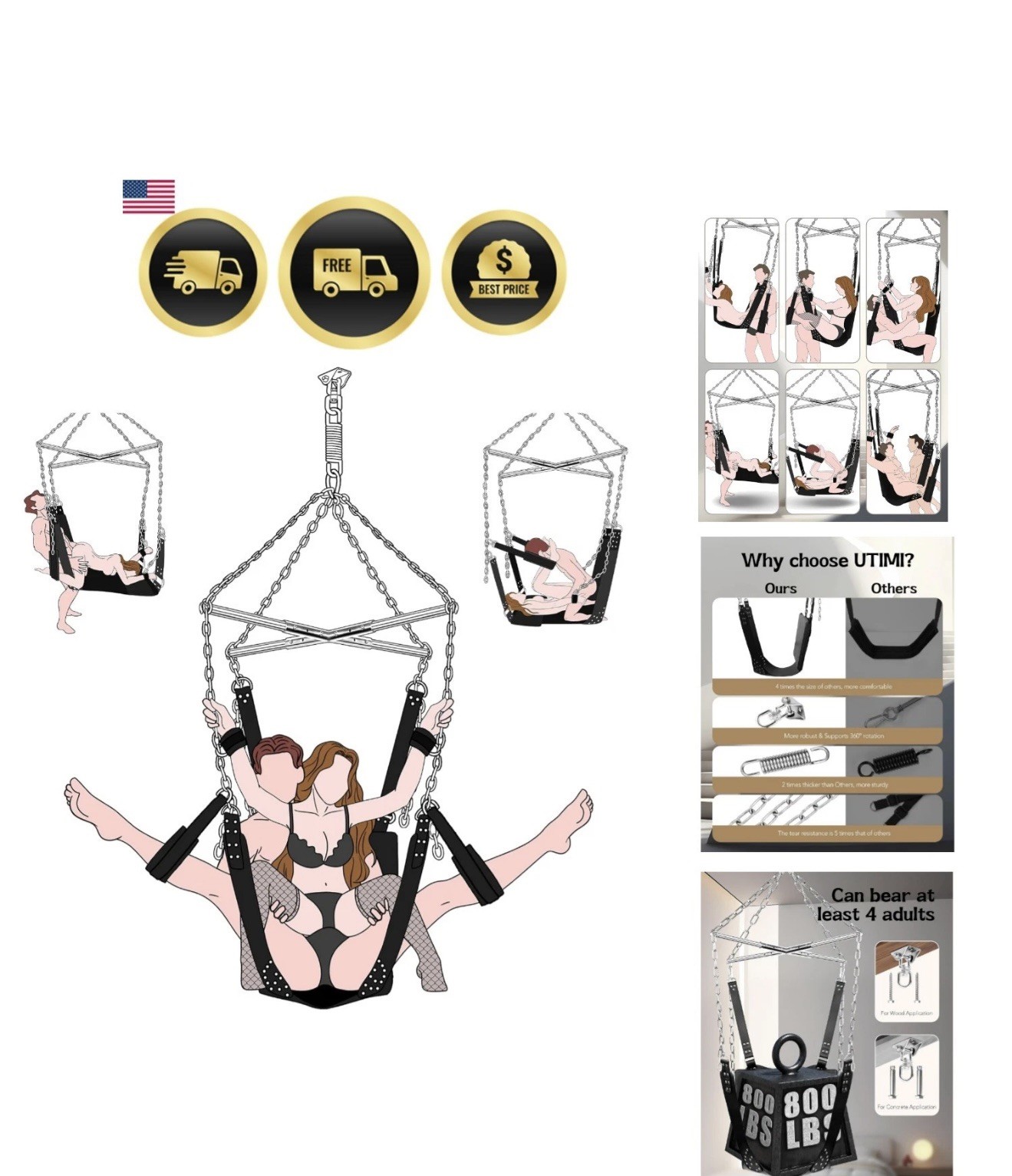 BDSM Sex Swing Bondage Restraints Couples Sex Toys Ceiling Sling Adjustable 8…