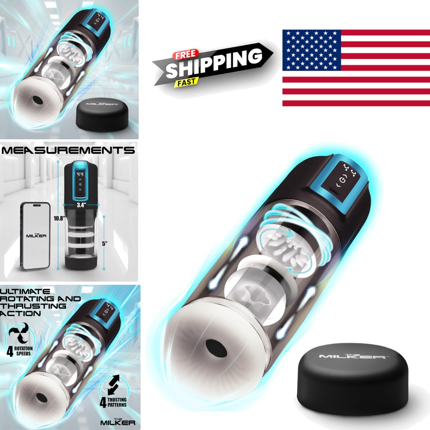 Thrusting Rotating Masturbator for Men Couples Black Soft TPE Multiple Textures