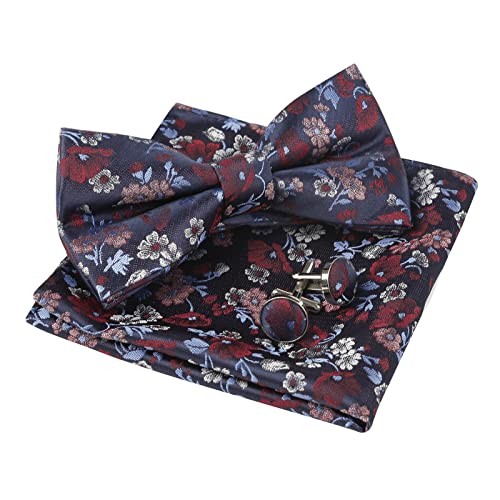 Mens Floral Pattern Pre-tied Bow Tie, Pocket Square and Navy/Red(floral)