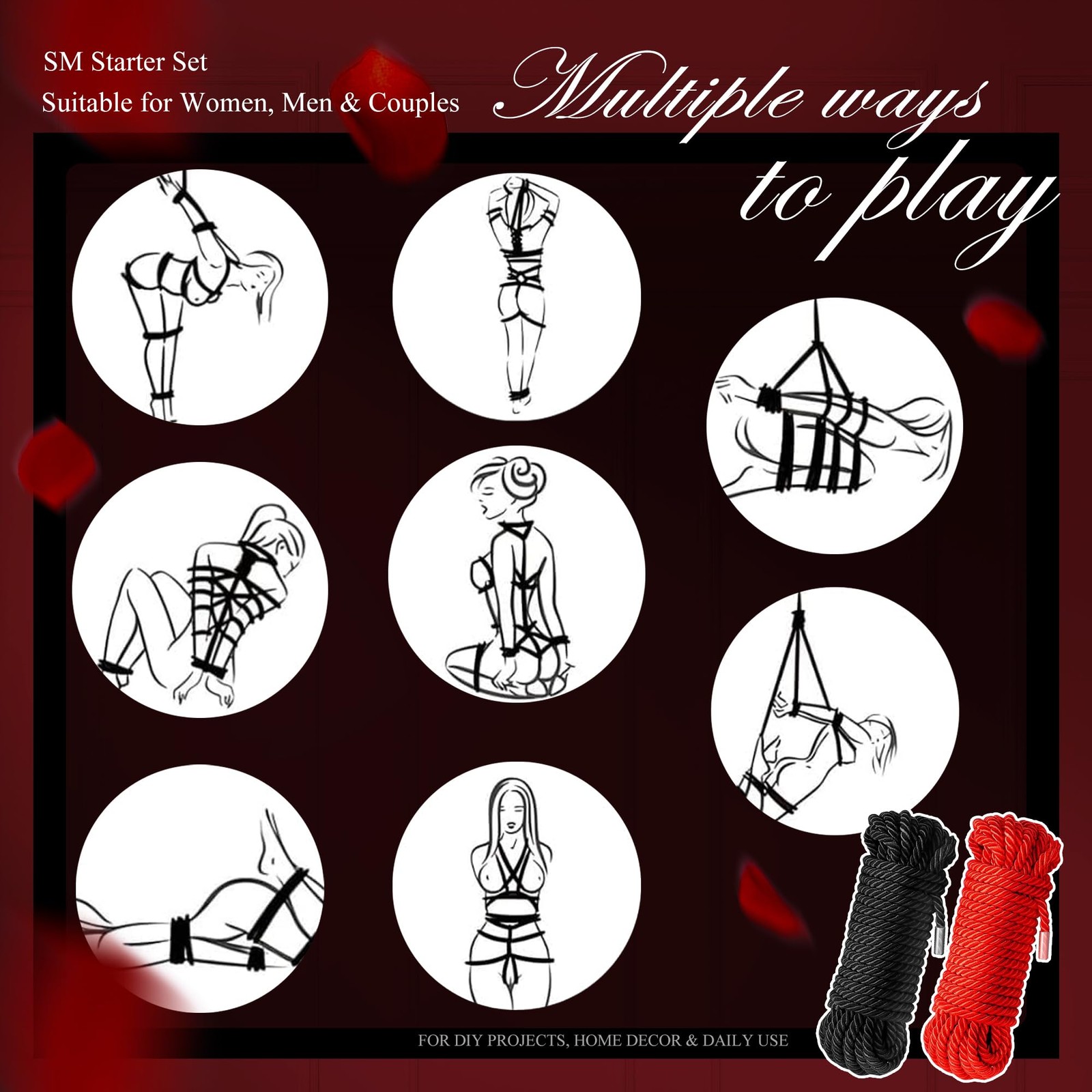 BDSM Bondage Rope Kit 4PCS Sex Restraints with 2x32ft Soft Nylon Black, Red