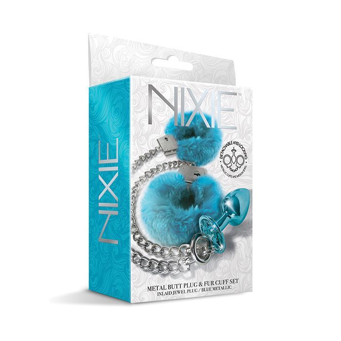 Nixie Metal Butt Plug With Inlaid Jewel & Fur Cuff Set – Metallic Multicolor