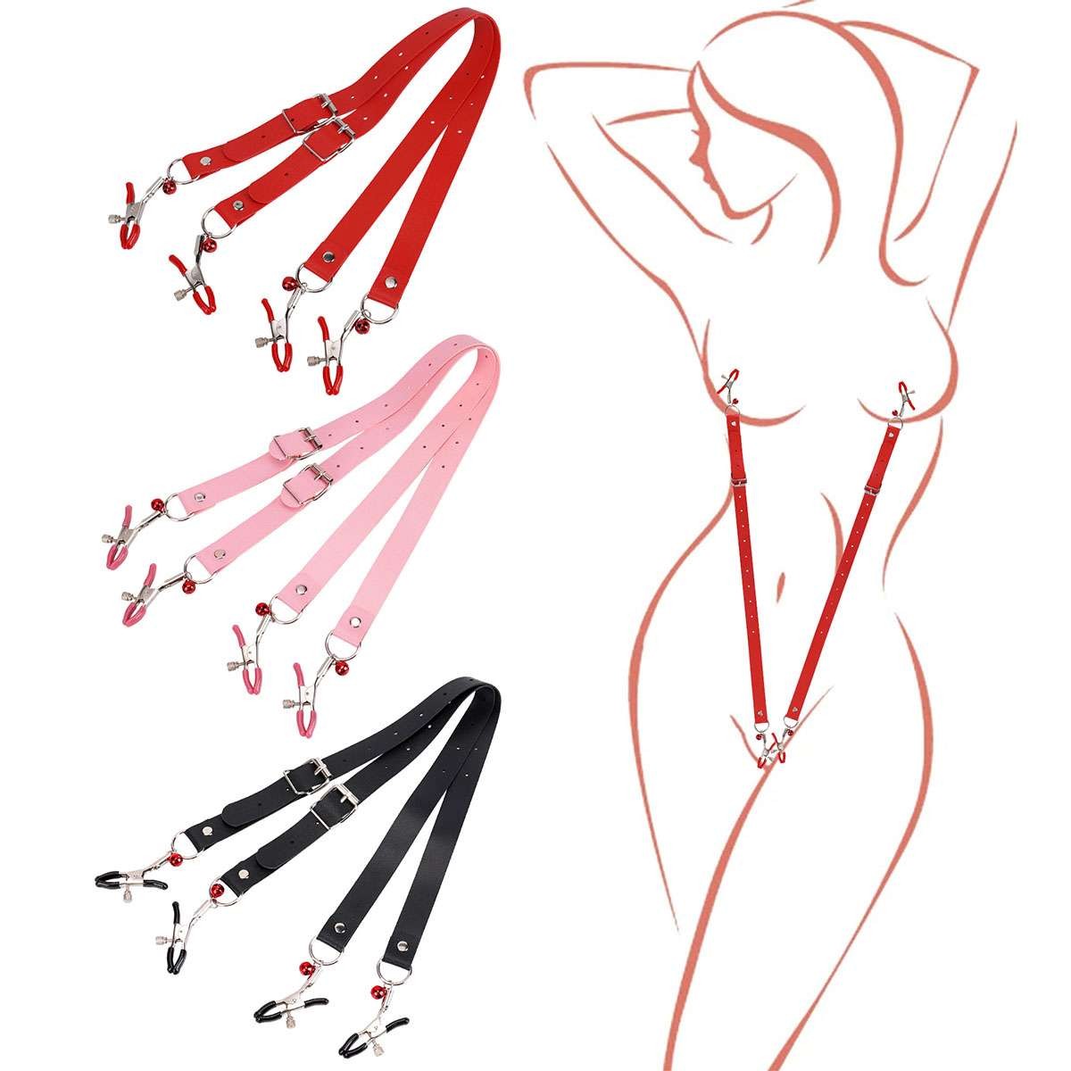 Couples BDSM PU Leather Straps With Nipple Clamps SM Bondage Play Sex Toys new