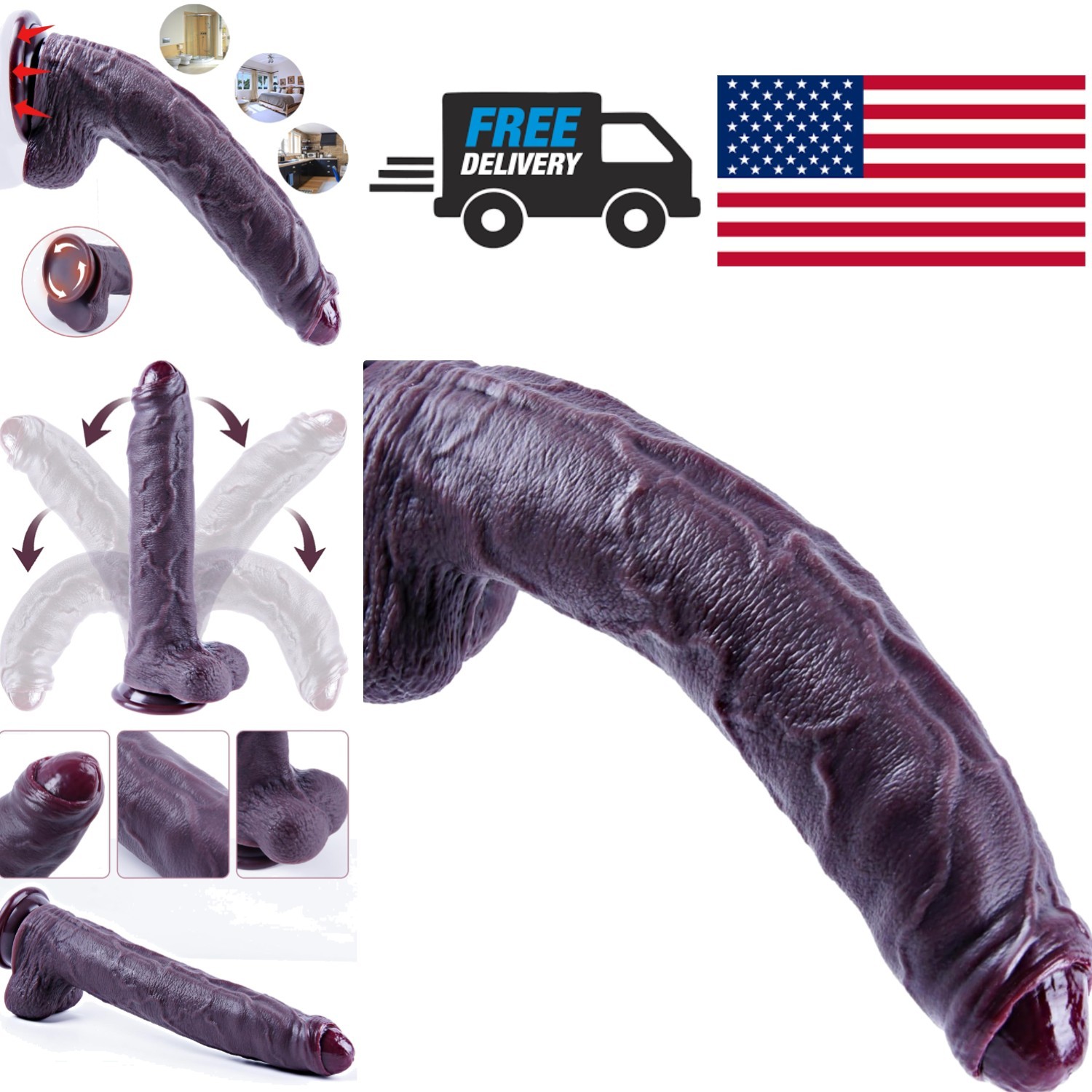 XXL Giant Uncut Dildo 13.6 Inch Black Silicone Realistic Suction Cup Base