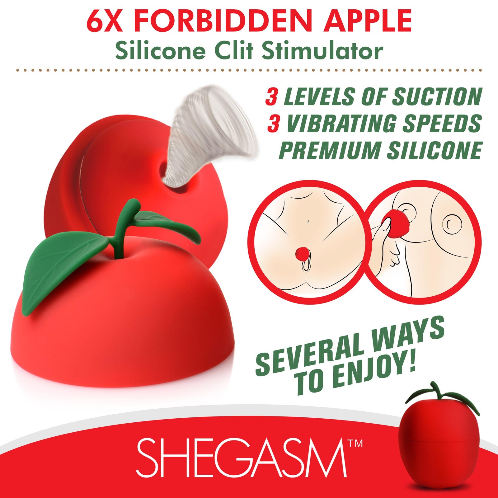 SheGasm 6X Forbidden Apple Silicone Clit Stimulator 3.6 Inch Red Suction USB