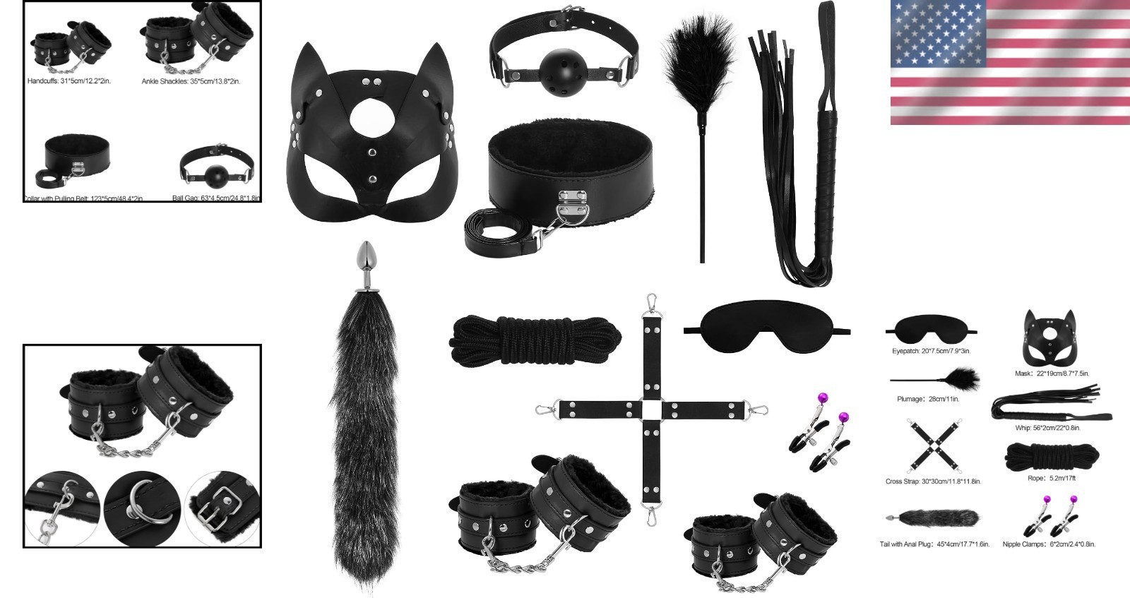 Fetish Bondage Restraints Set 12 Pieces for Couples with Adjustable Cuffs