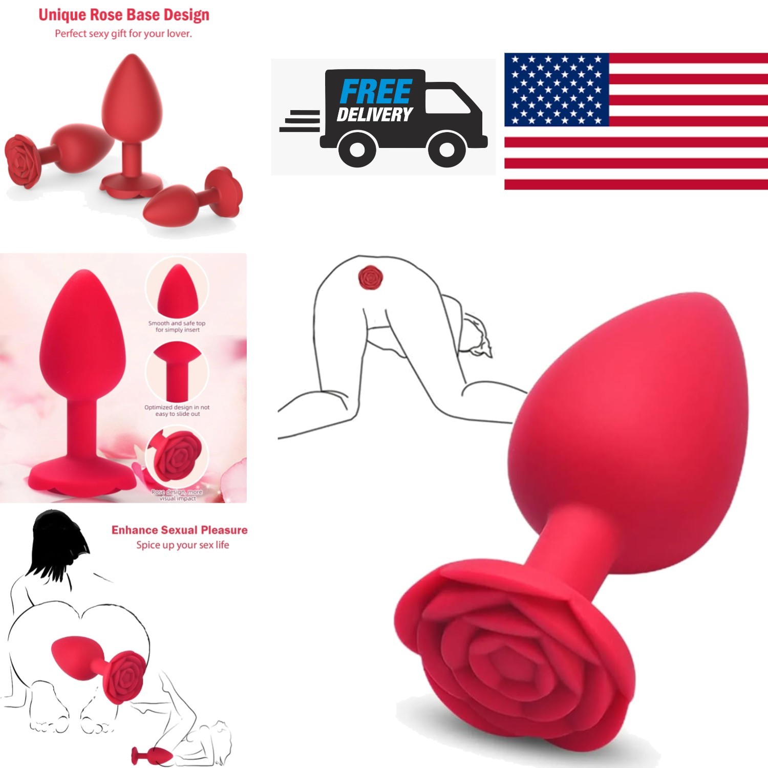 Water Resistant Rose Design Anal Plug for Enhanced G Spot and Anal Stimulation