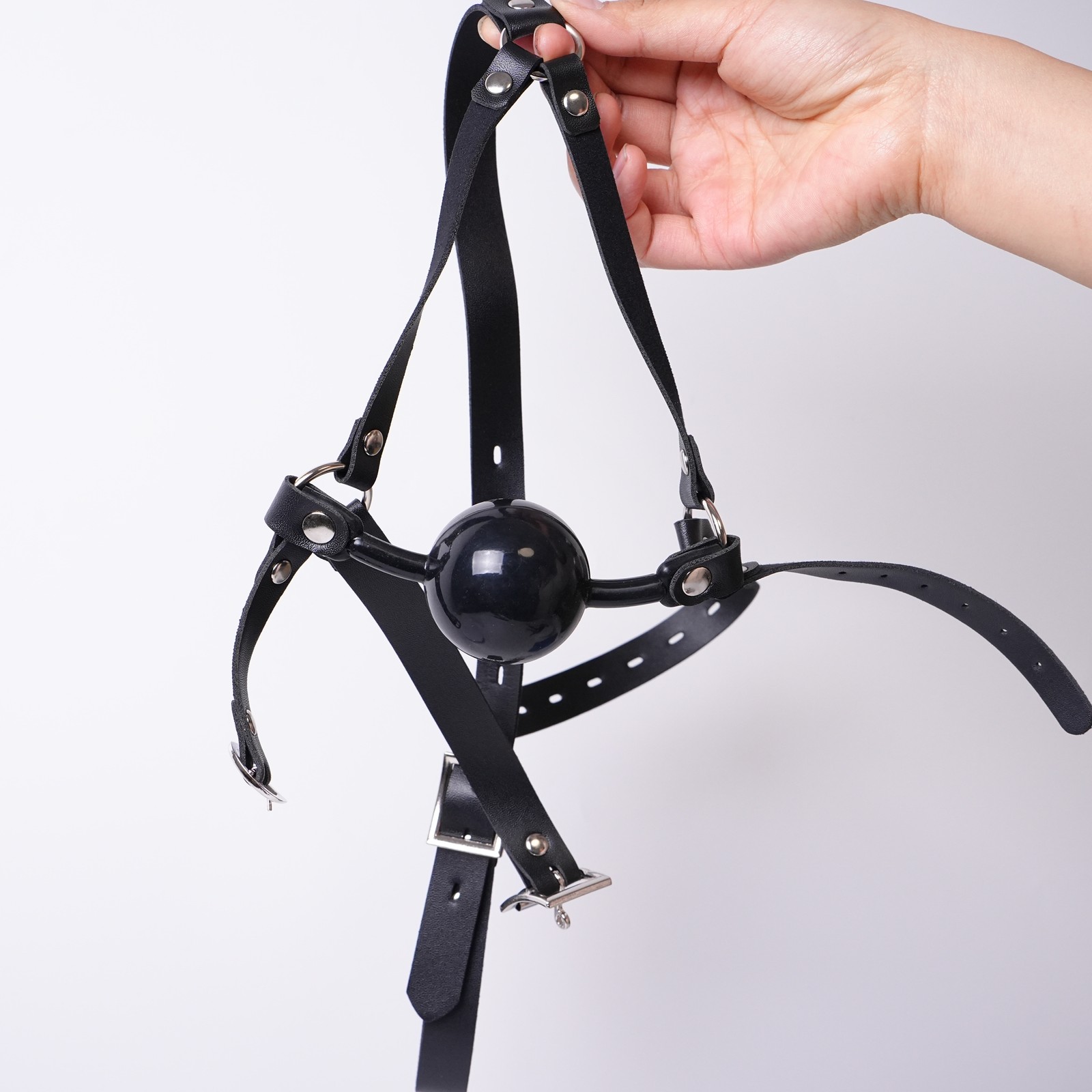 PU Leather Head Harness Silicone Open Mouth Ball Gag Adjustable ReatraintBondage