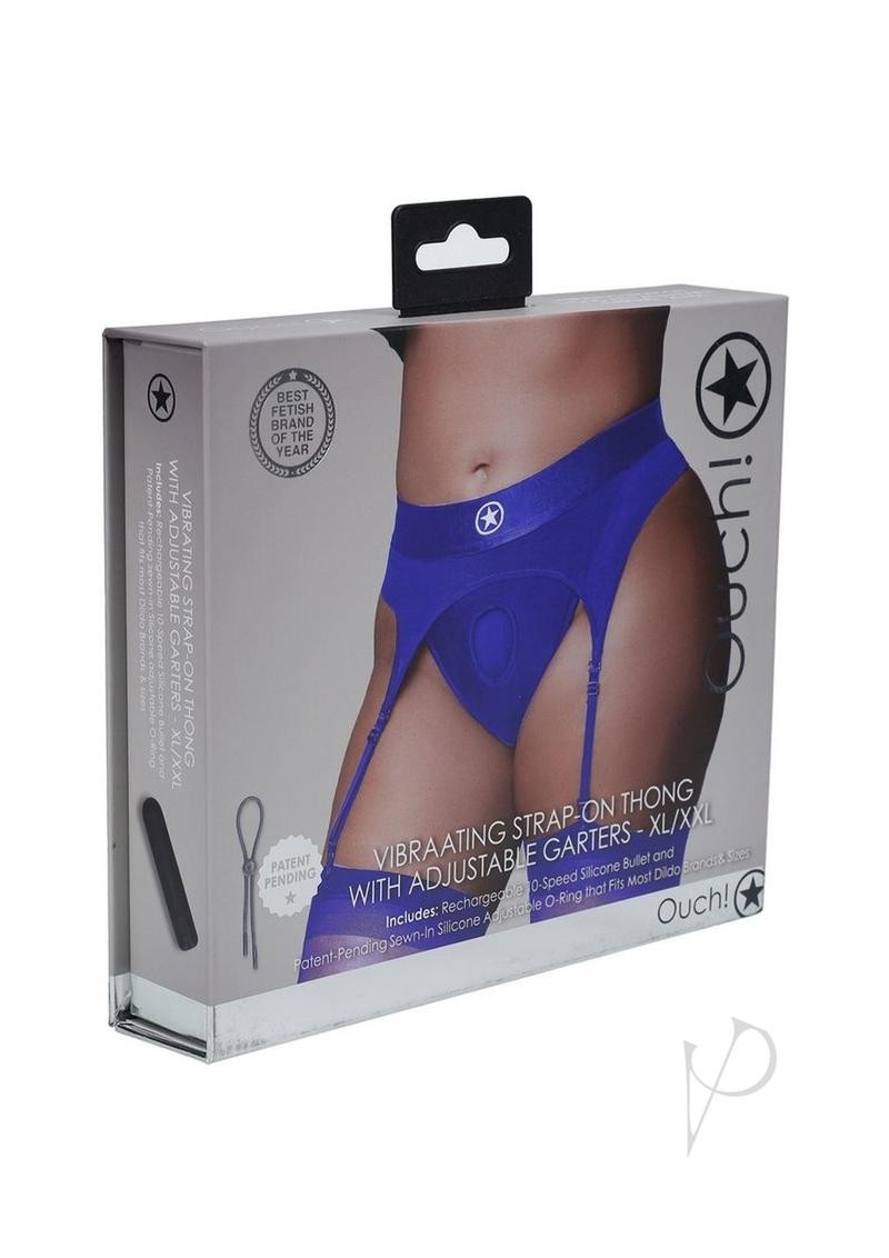 Ouch! Vibrating Strap-On Thong with Rechargeable Bullet – XL/2XL – Blue