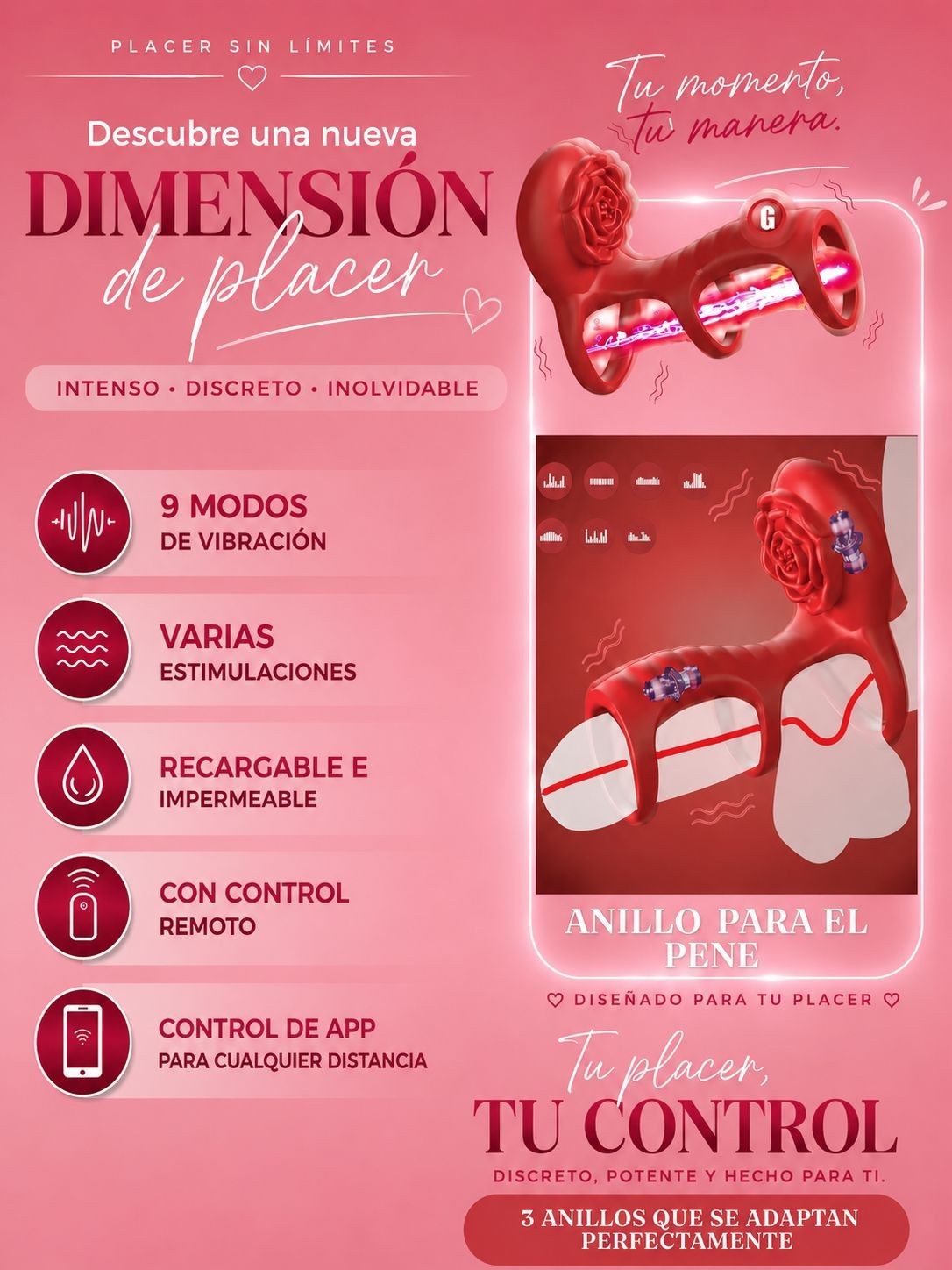 Anillo vibrador para el pene con Rosa para estimular el clitoris