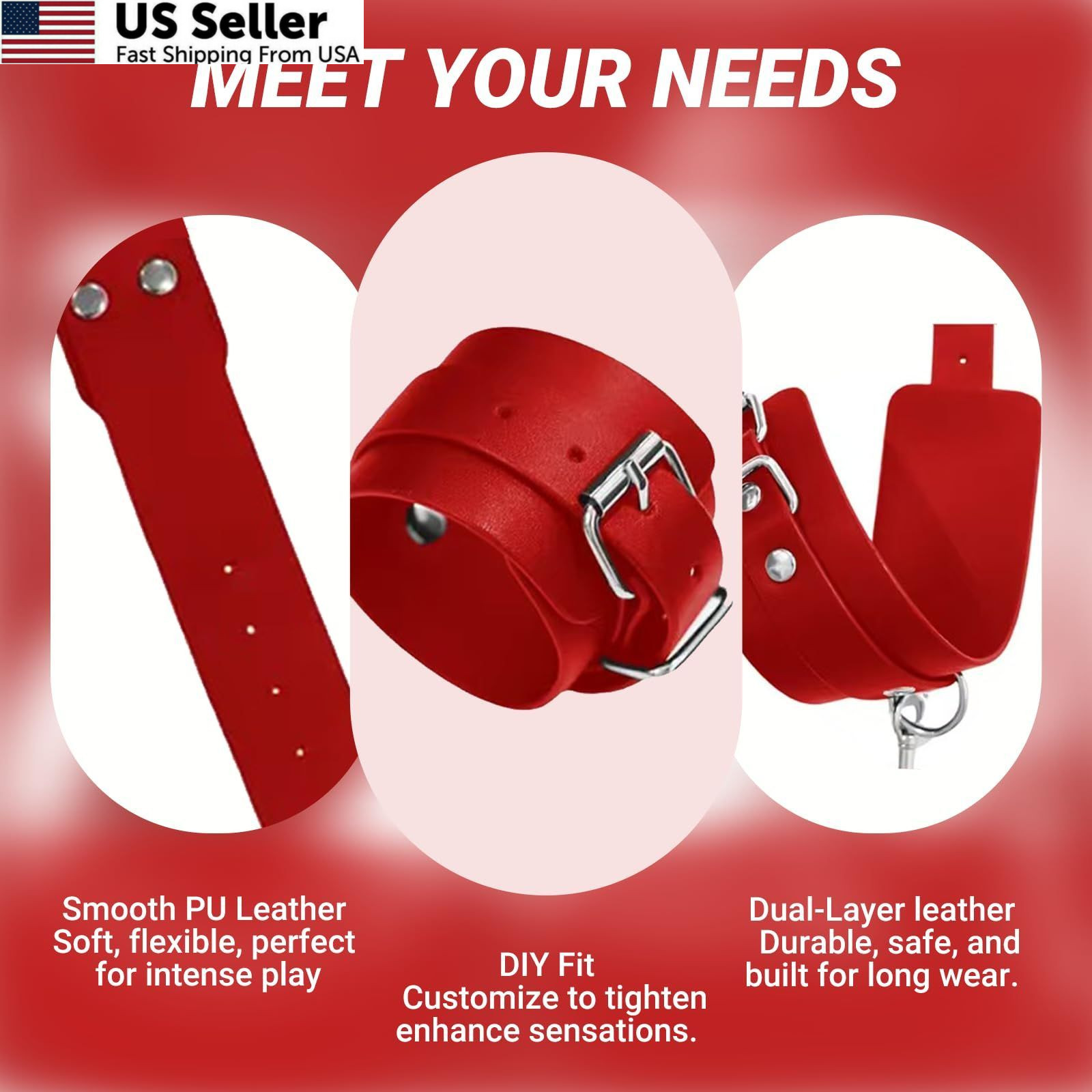 Adjustable Leather Breast Harness & Restraint Set Couples BDSM Roleplay Red USA