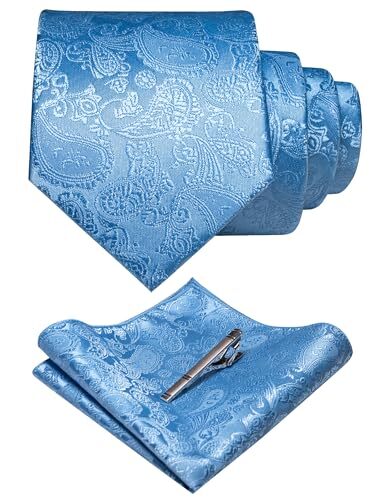 Mens Solid Color Paisley Necktie and Pocket Square with Tie Clip Sets Baby Blue