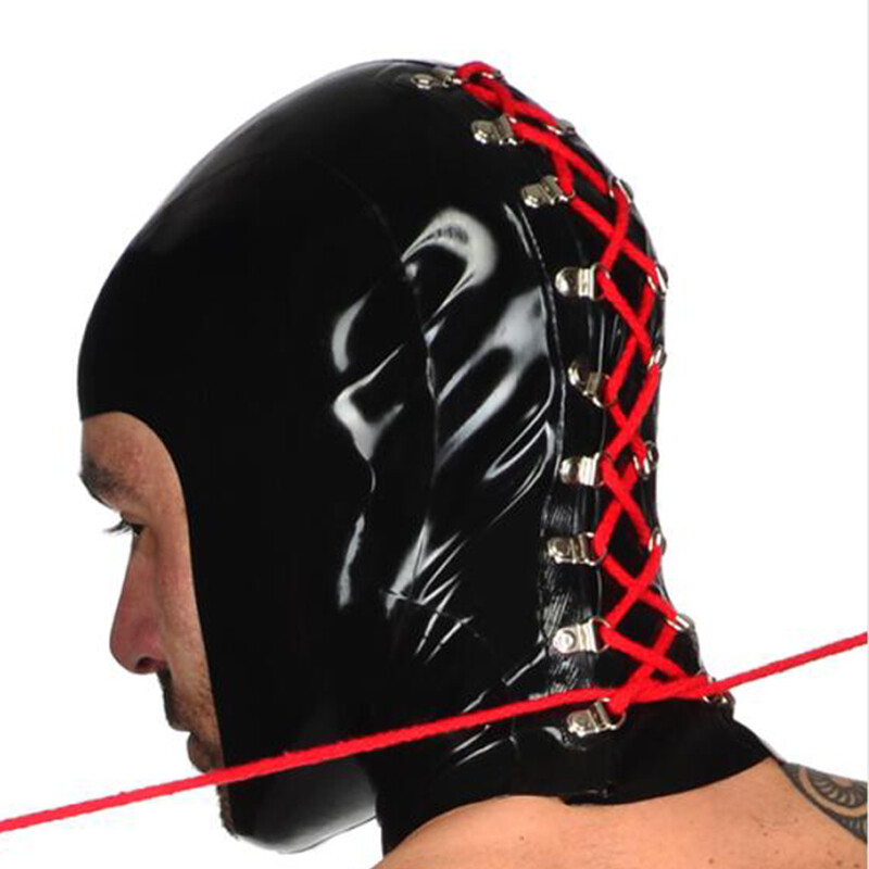 Unisex Latex Hood Behind Lacing Open Face Rubber Mask Club Party Wear Costume
