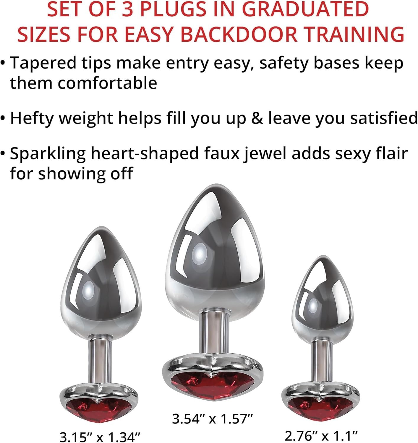 Three Hearts Gem Anal Plug Set Polished Aluminum Butt Plugs Small Medium Large