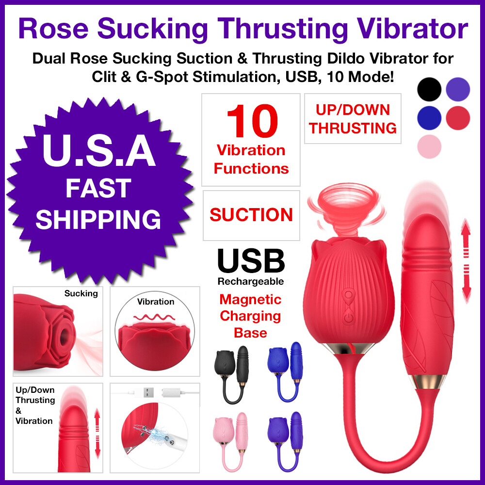 Rose Sucking Suction & Thrusting Dildo Vibrator Clit & G-Spot 10 Mode Dual Play