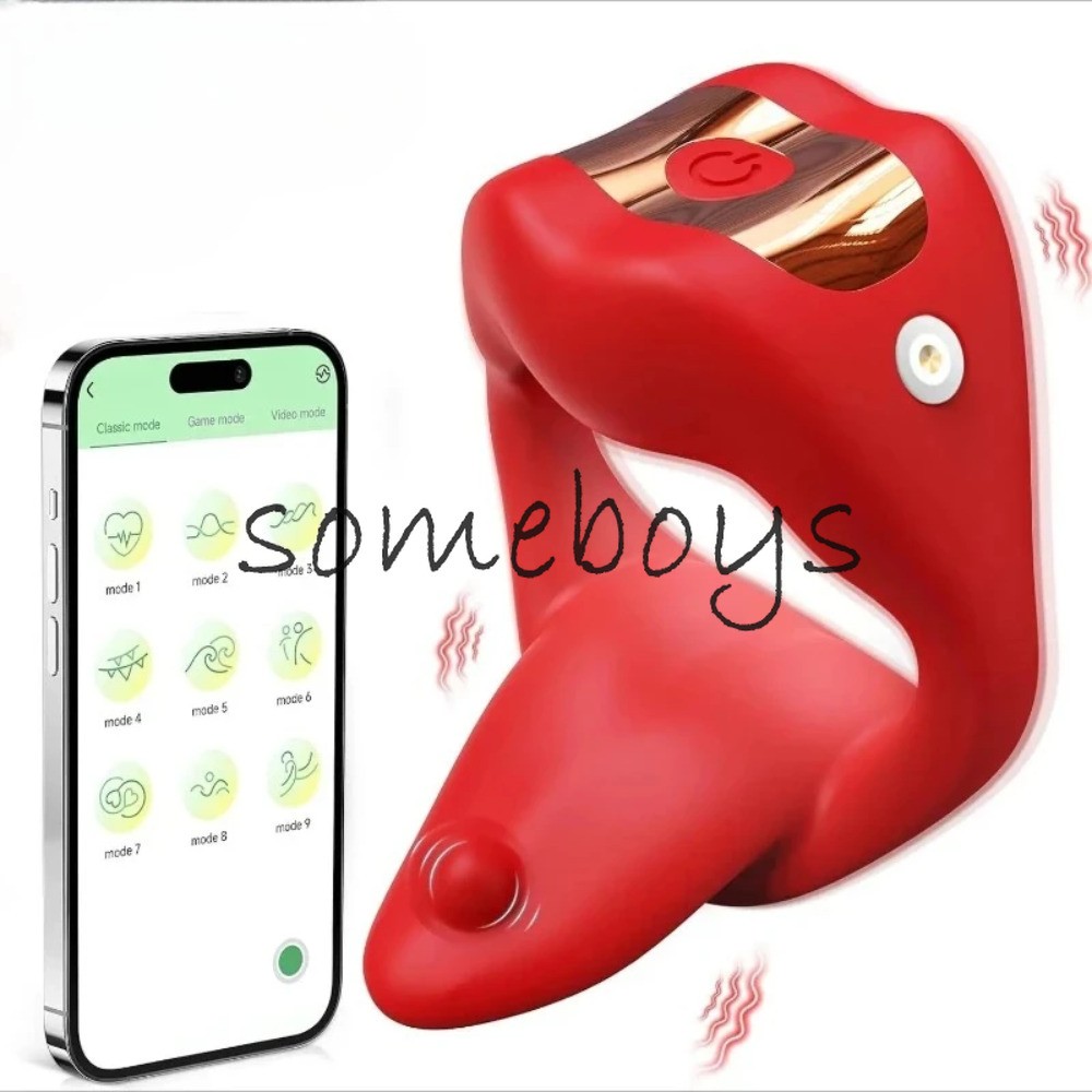 APP Control Mens Cock Ring Vibrator Tongue Penis Semen Lock Ring Delayed Trainer