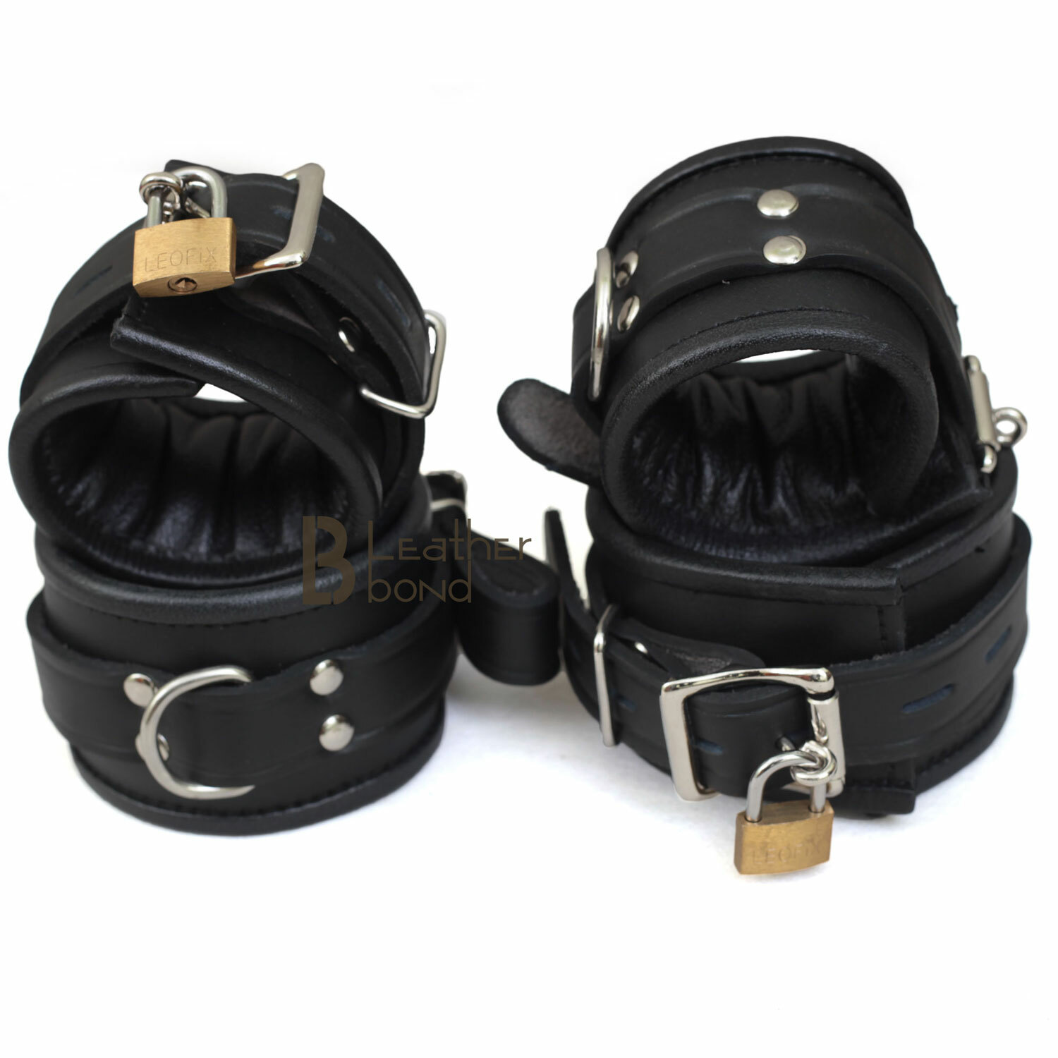Real Leather Wrist & Ankle Cuffs Restraint Set Black 4 Pieces Lockable Padlocks