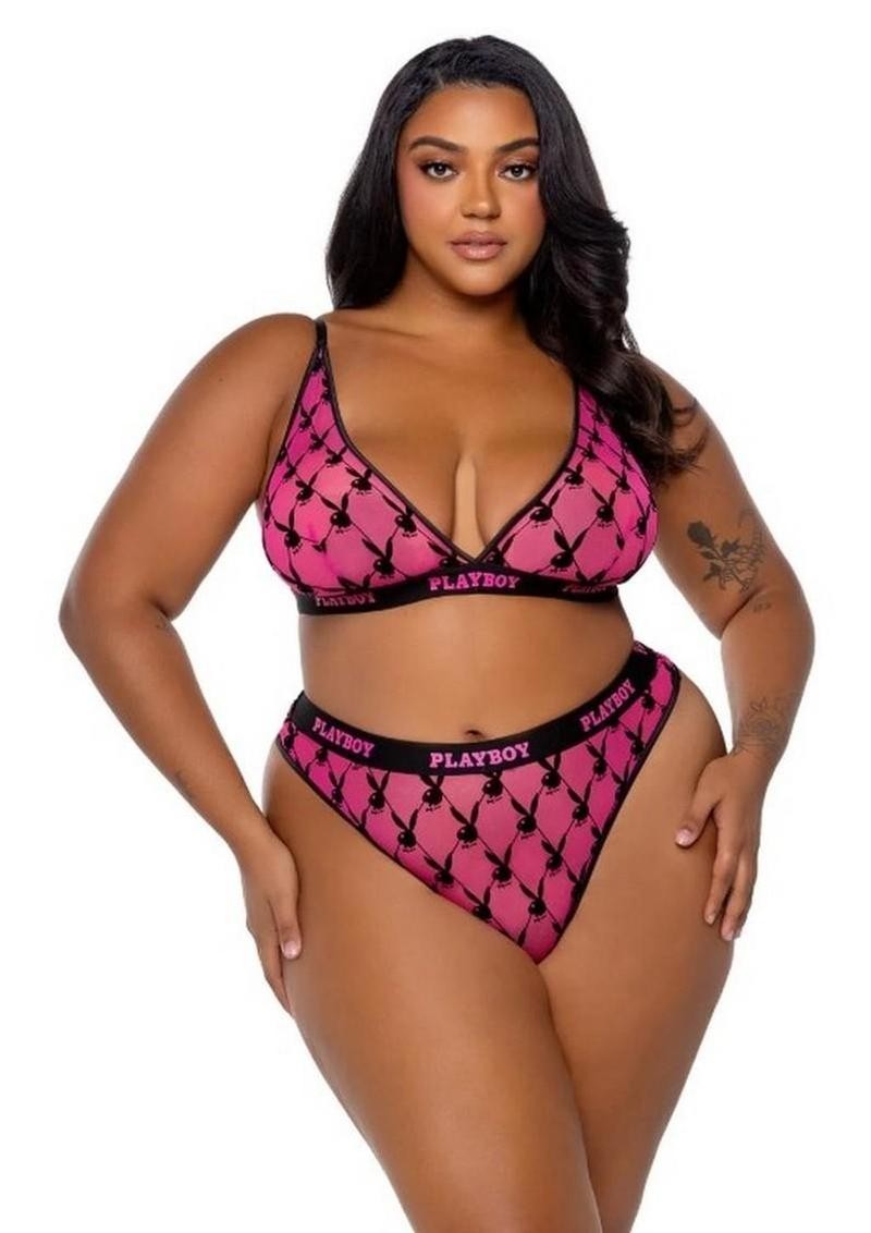 Playboy Flocked Bunny Bra Set – 1XLarge – Black