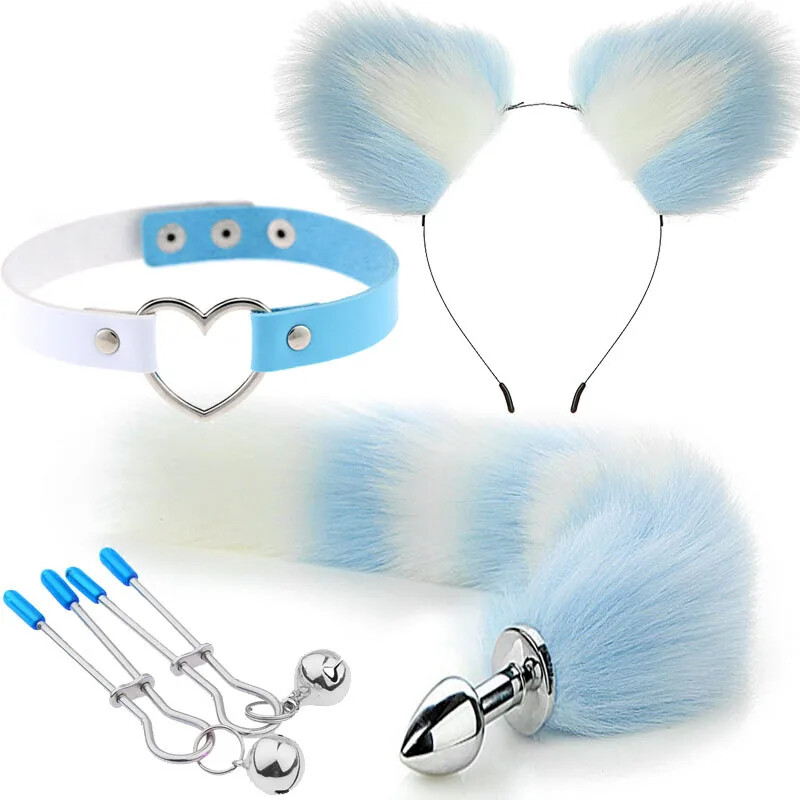 Anal Tail Butt Plug Sexy Plush Ear Headband Leather Necklace Set Massage Cosplay