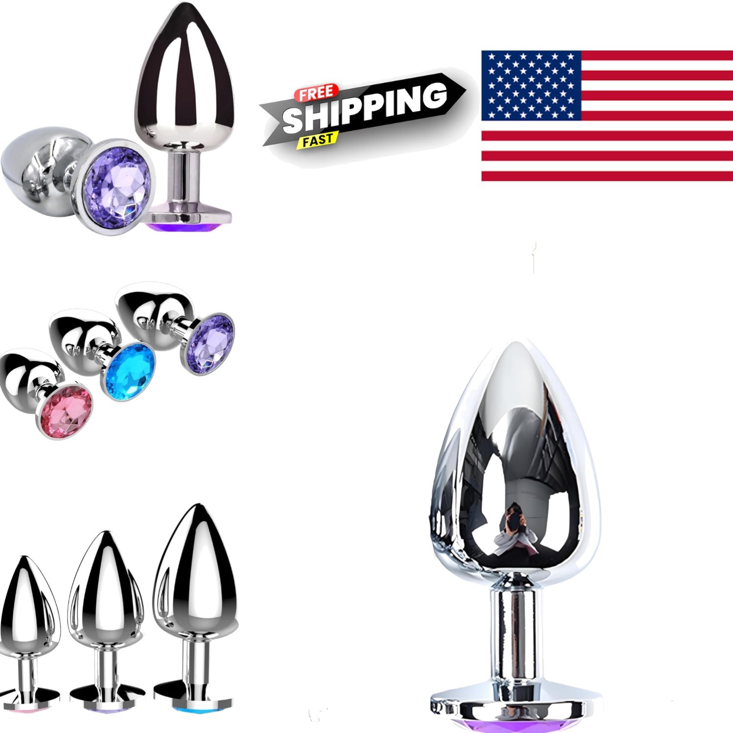 Luxury Metal Anal Plug with Gemstone Base Waterproof Stainless Steel Large Size
