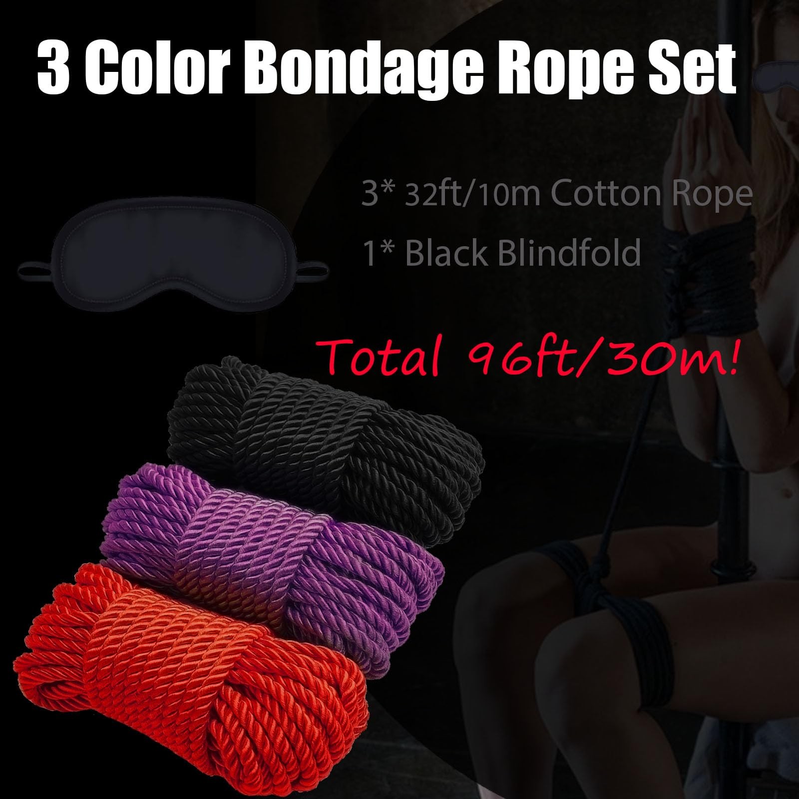 BDSM Bondage Rope with Blindfold Sex Toys, 3 Pack Black,red,purple