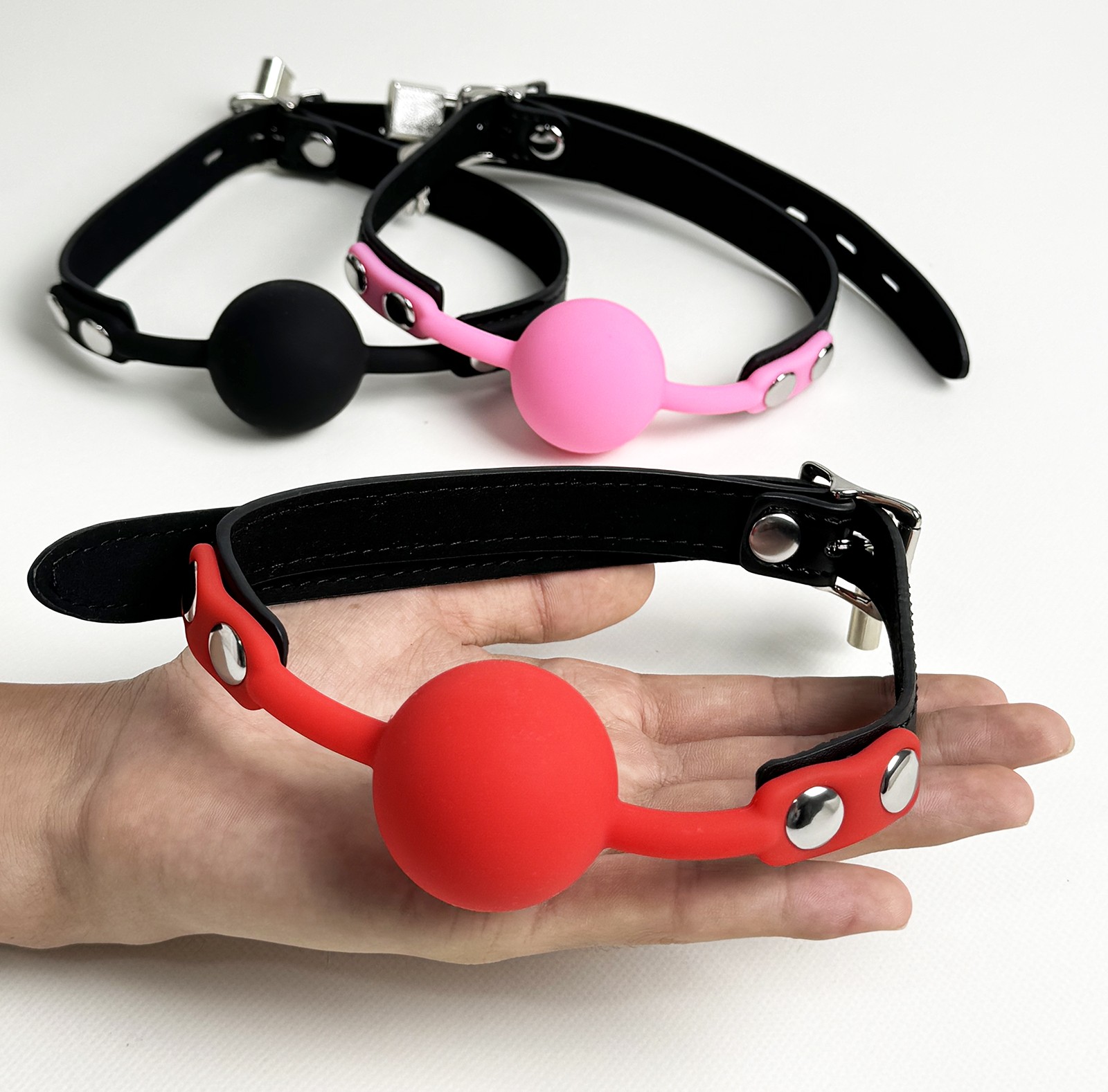 Silicone Open Mouth Ball Gag Lockable 3-Holes PU Leather Head Harness Nose Hook