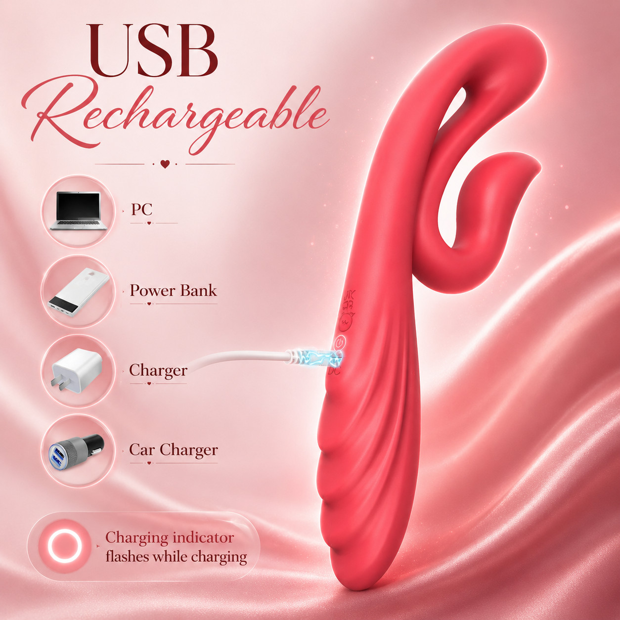 Coral Red Swan Rabbit Vibrator G Spot Clitoral USB Rechargeable Waterproof 9 Mod