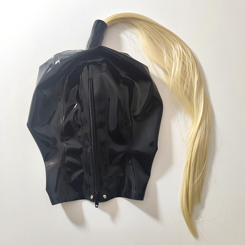 Latex Hood with Golden Wig Rubber Mask with Blond Pigtail Cosplay Wear Costume