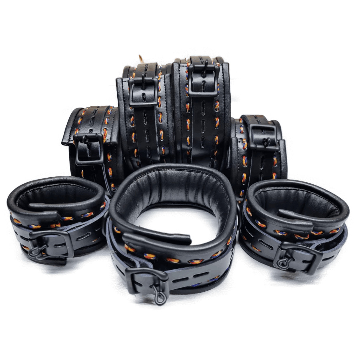 7Pc Black Leather Restraint Set Multi Thread Padded Cuffs Collar BDSM Kit