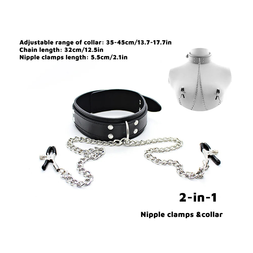 SM Sexy Leather Choker Collar with Nipple Clamp Breast Clip Chain Couple Bondage
