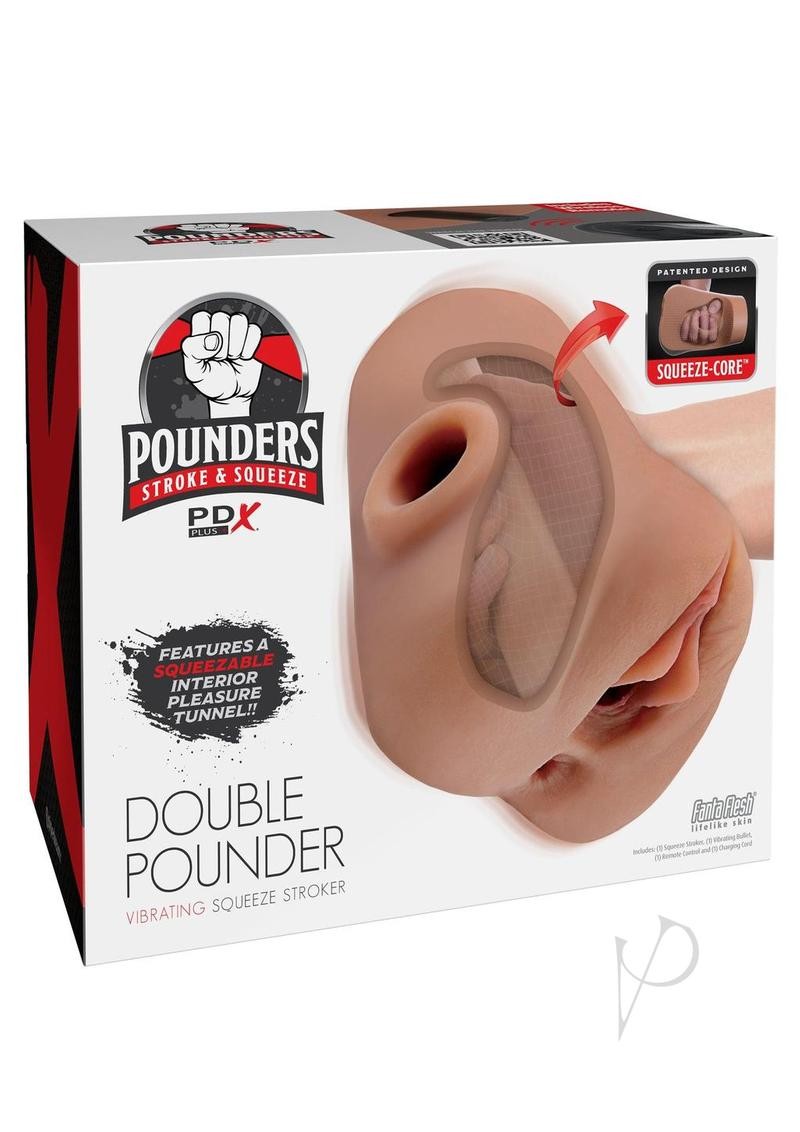 PDX Plus Double Pounder Vibrating Squeeze Stroker – Caramel