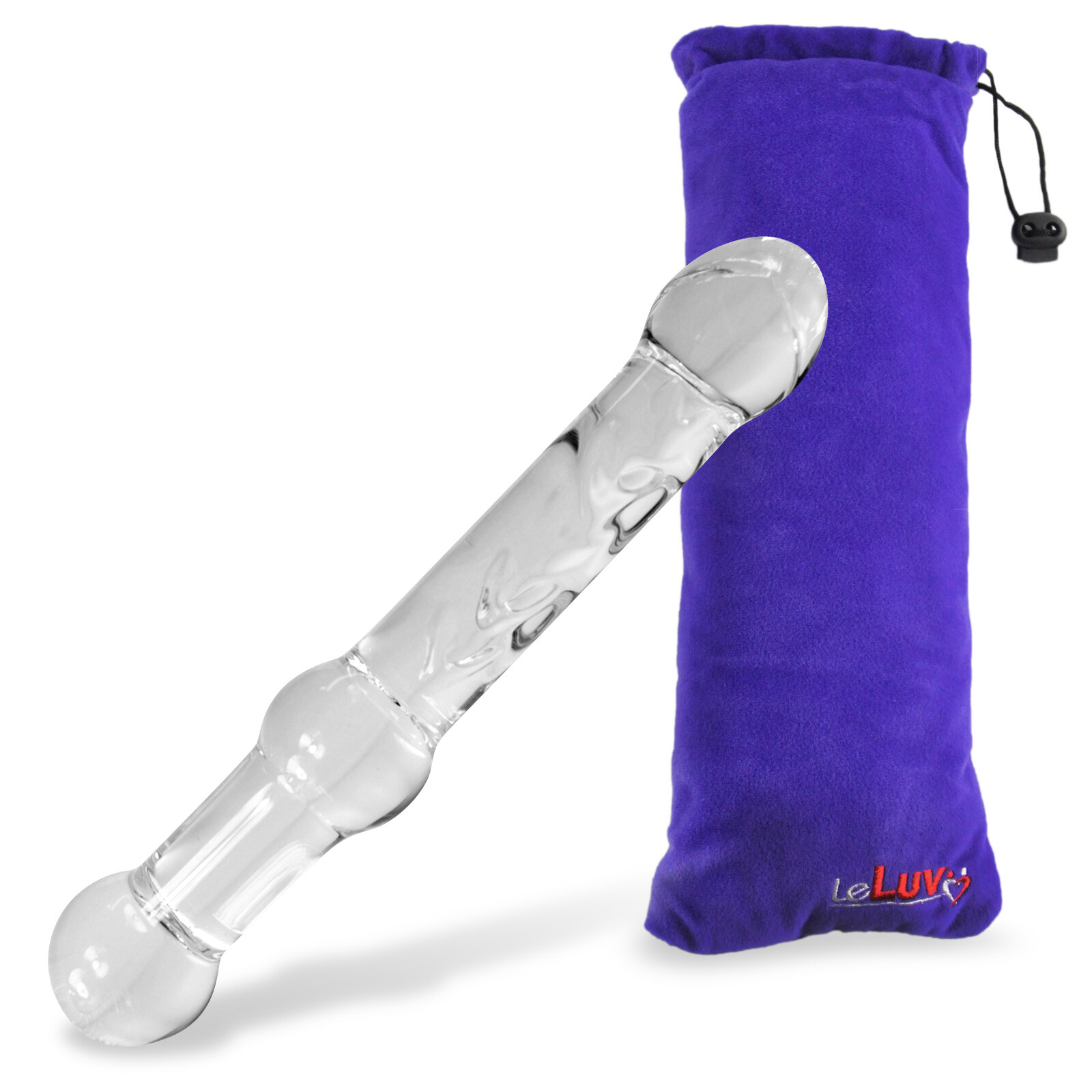 LeLuv Glass Dildo Curved Textured Shaft, Pointed Tip, Bead Handle & Padded Pouch