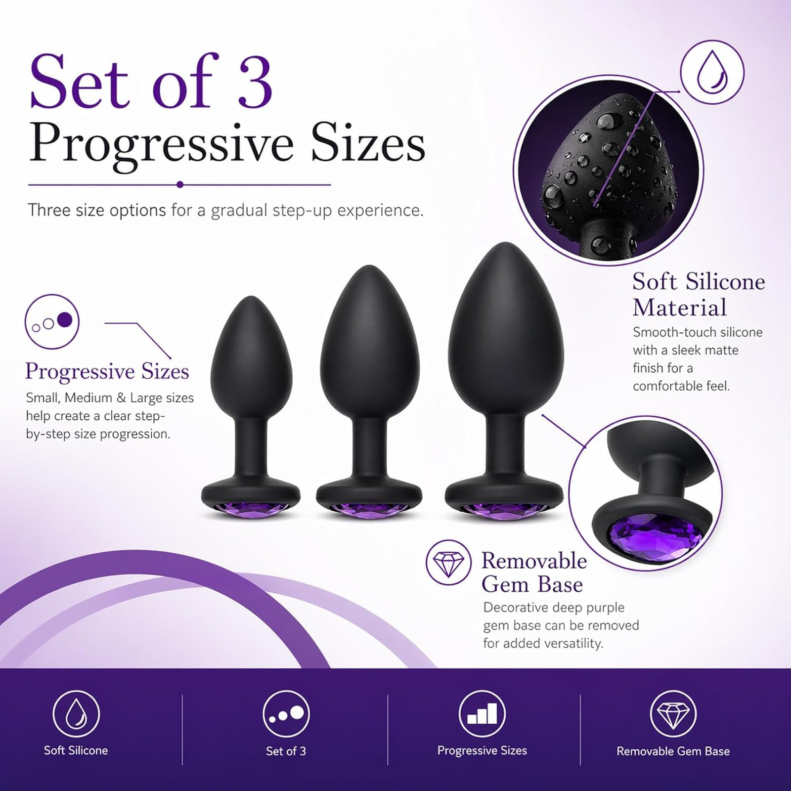 Anal Butt Plugs Set 3PCS Silicone Gemmed Beginner Trainer Men Women Coupled