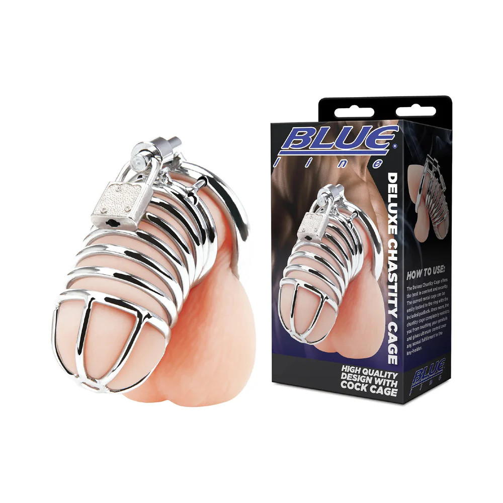 Electric Blue Line Deluxe Chastity Cage Silver