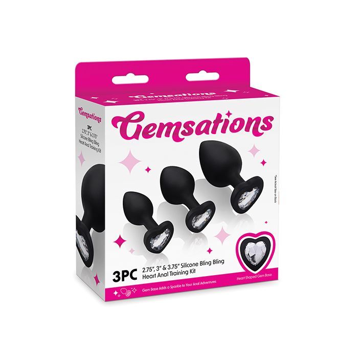 Gemsations 3 pc 2.75″ & 3.15″ & 3.7″ Silicone Bling Bling Butt Plug Training Set