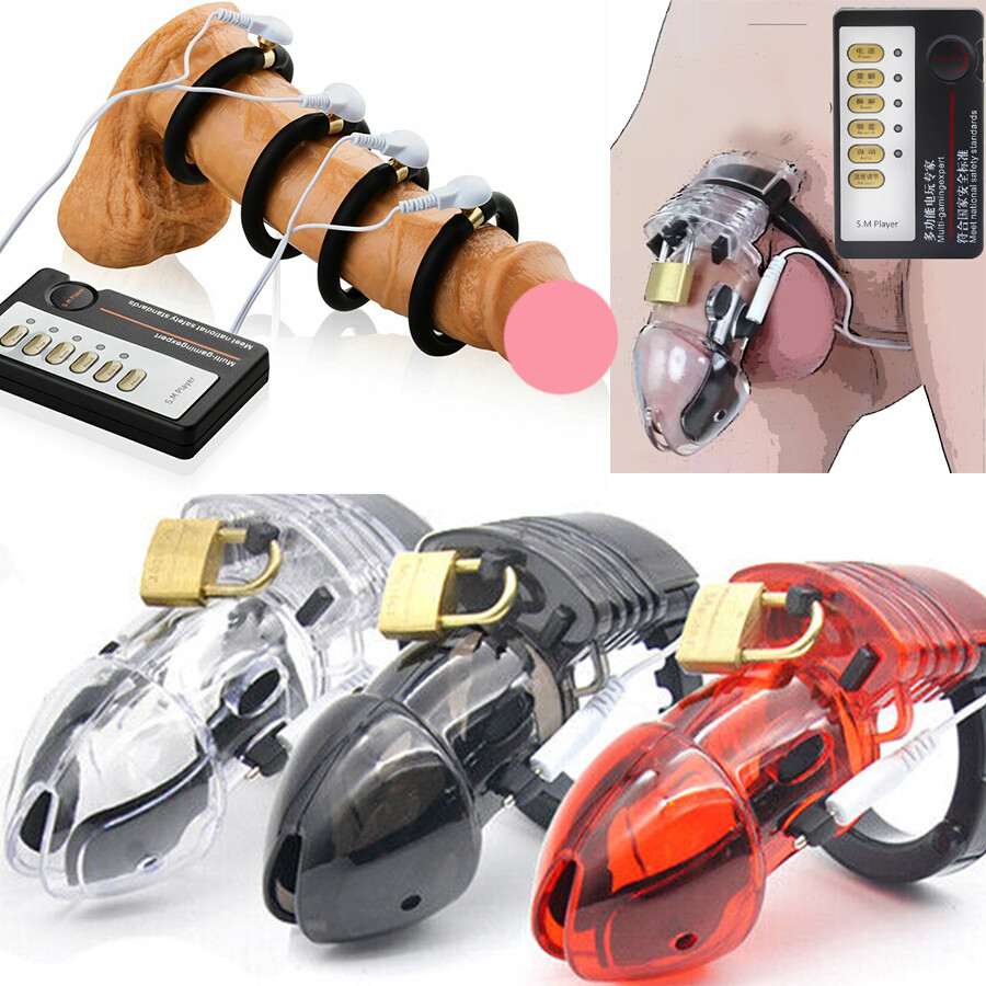 E-Stim Shock Lock Penis Cock Cage Stimulator Chastity Device Ring Ball Stretcher