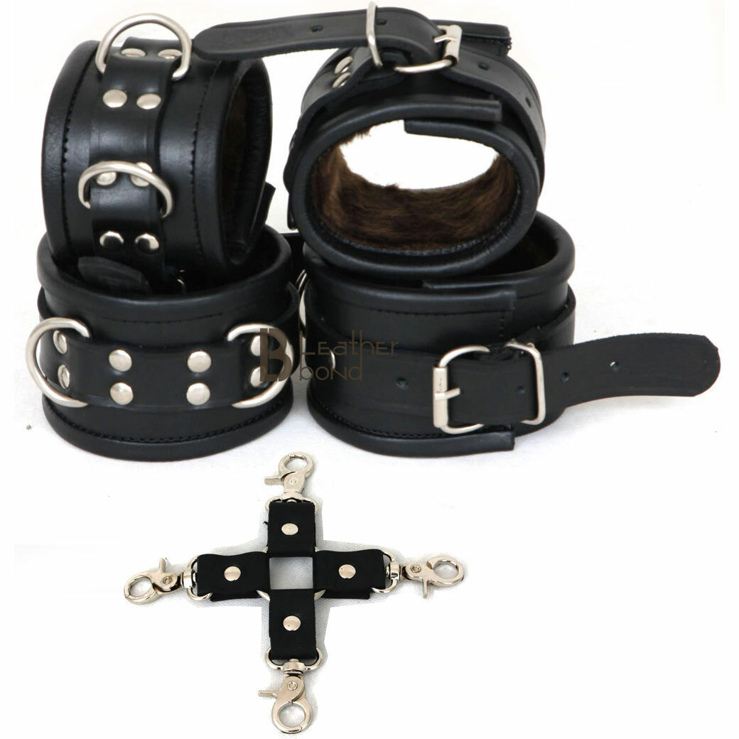 Thick Cow Hide Real Leather Wrist & Ankle Cuffs Restraint Set Black 5 Pieces