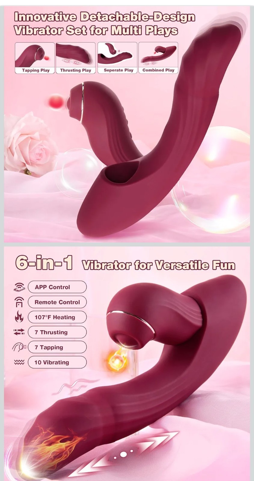 6 in 1 Detachable Heating,APP Vibrator with 7 Tapping 7 Thrusting 10 Vibration
