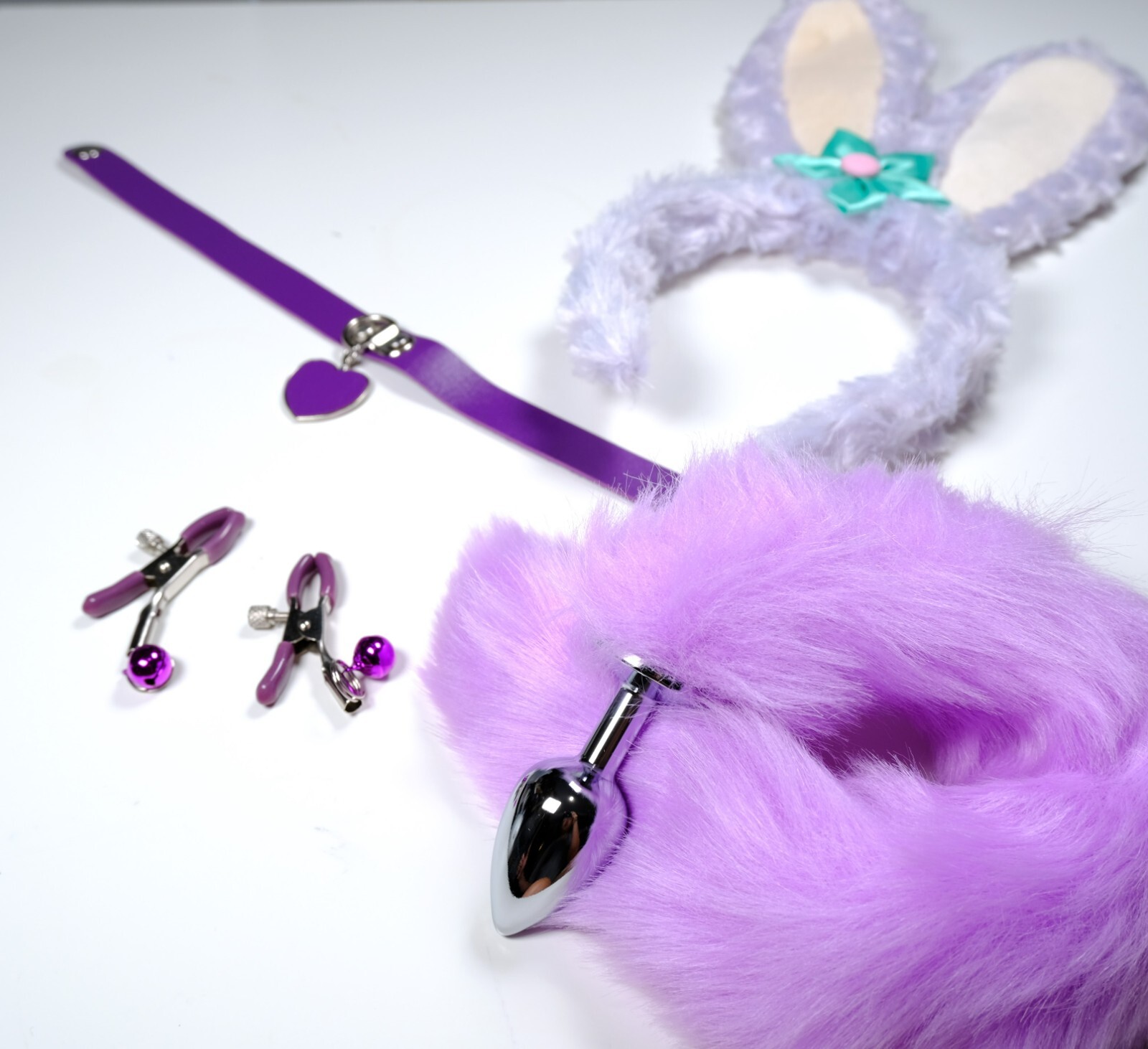 18+ Mature Pet Play Starter Set Purple Ears Collar Anal Butt Plug Tail BDSM