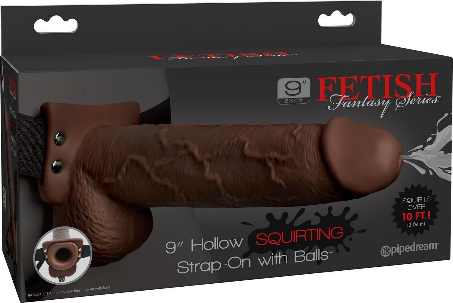 Fetish Fantasy Series 9″ Hollow Squirting Dildo Strap On With Balls Brown
