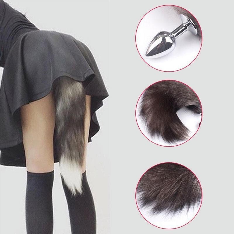Metal Anal Butt Plug Furry Long Fox Tail Bunny Adult Toy Smooth Stainless Steel