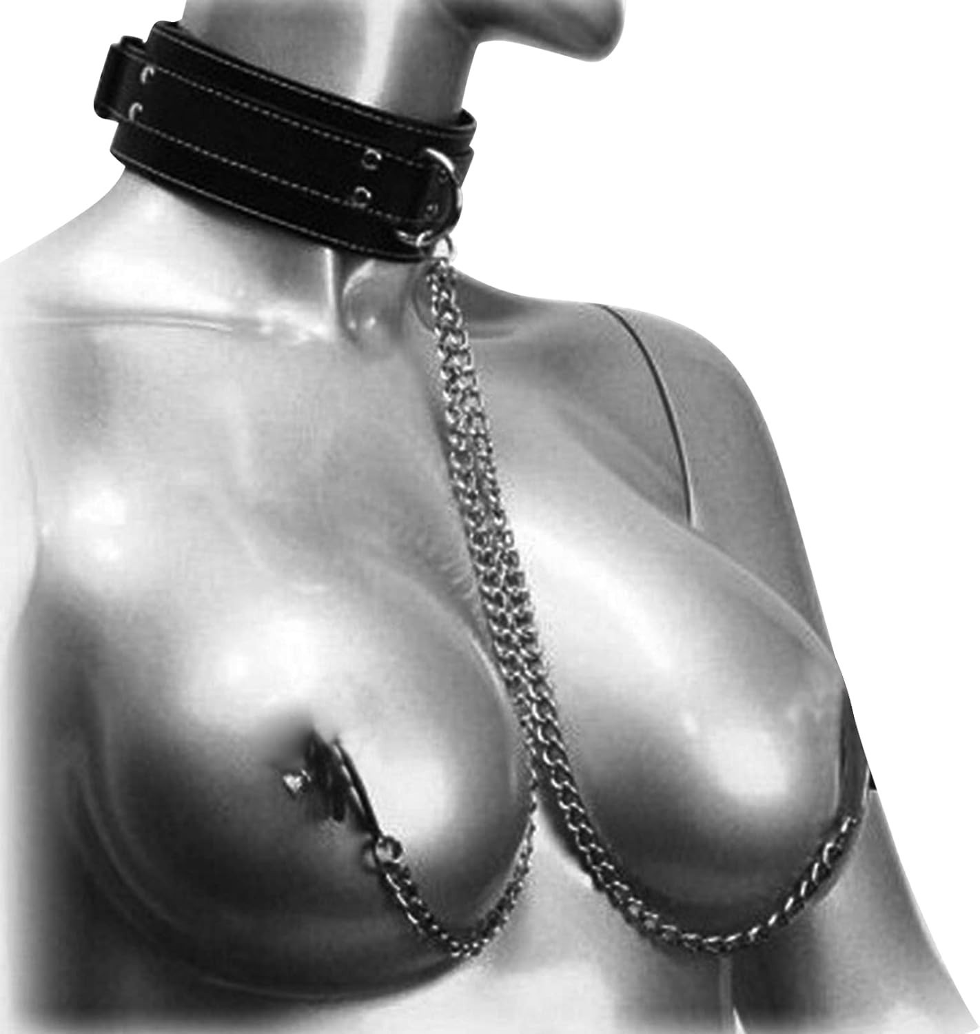 Nipple Clamps with Collar Choker Adjustable for BDSM Role Play Black Leather